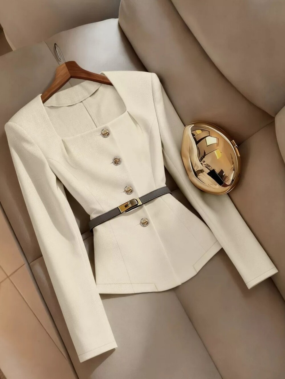 Square Neck Button-Down Fitted Blazer